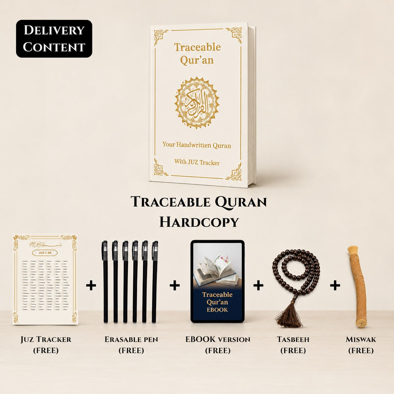 Traceable Quran hardcopy set with free ebook, erasable pens, tasbeeh, miswak and Juz tracker for Quran writing practice