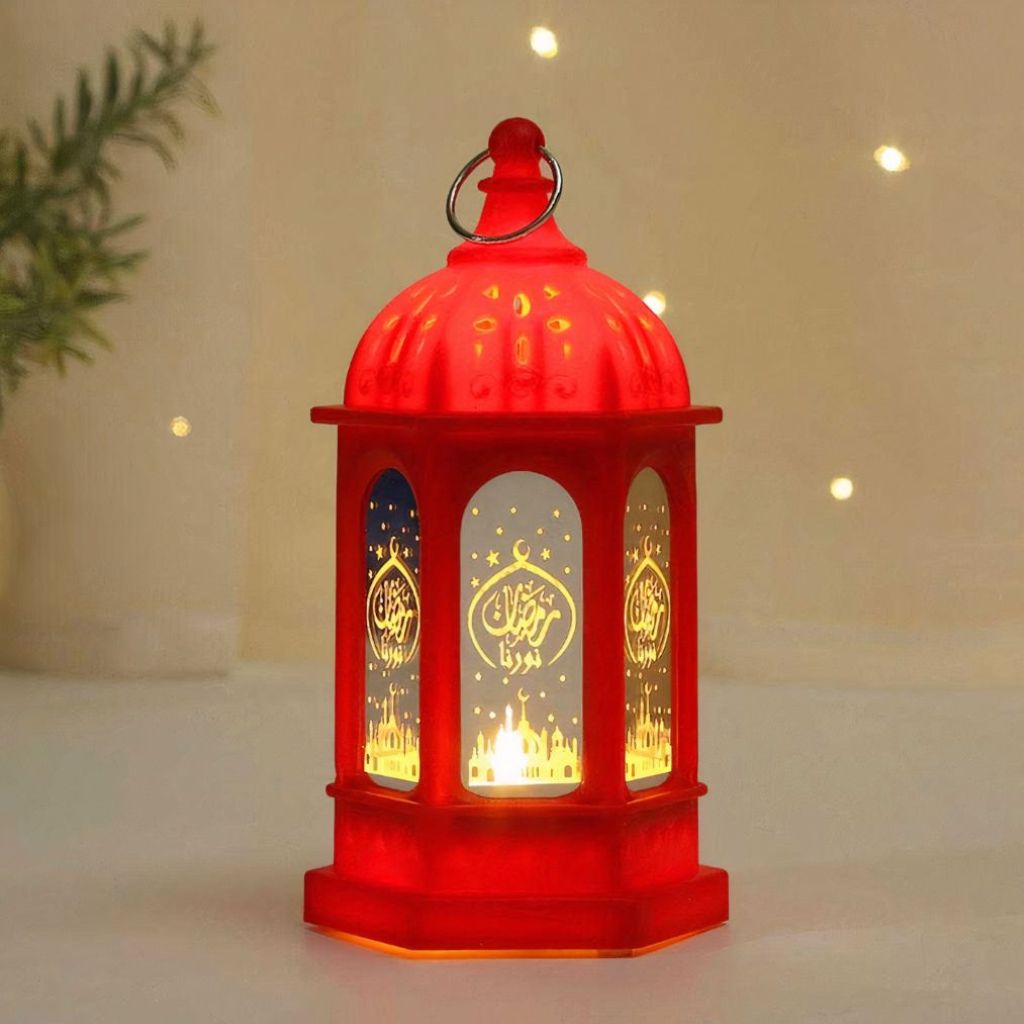 Red Ramadan Fanouz lantern glowing warmly with Arabic calligraphy and crescent moon design by Islamify