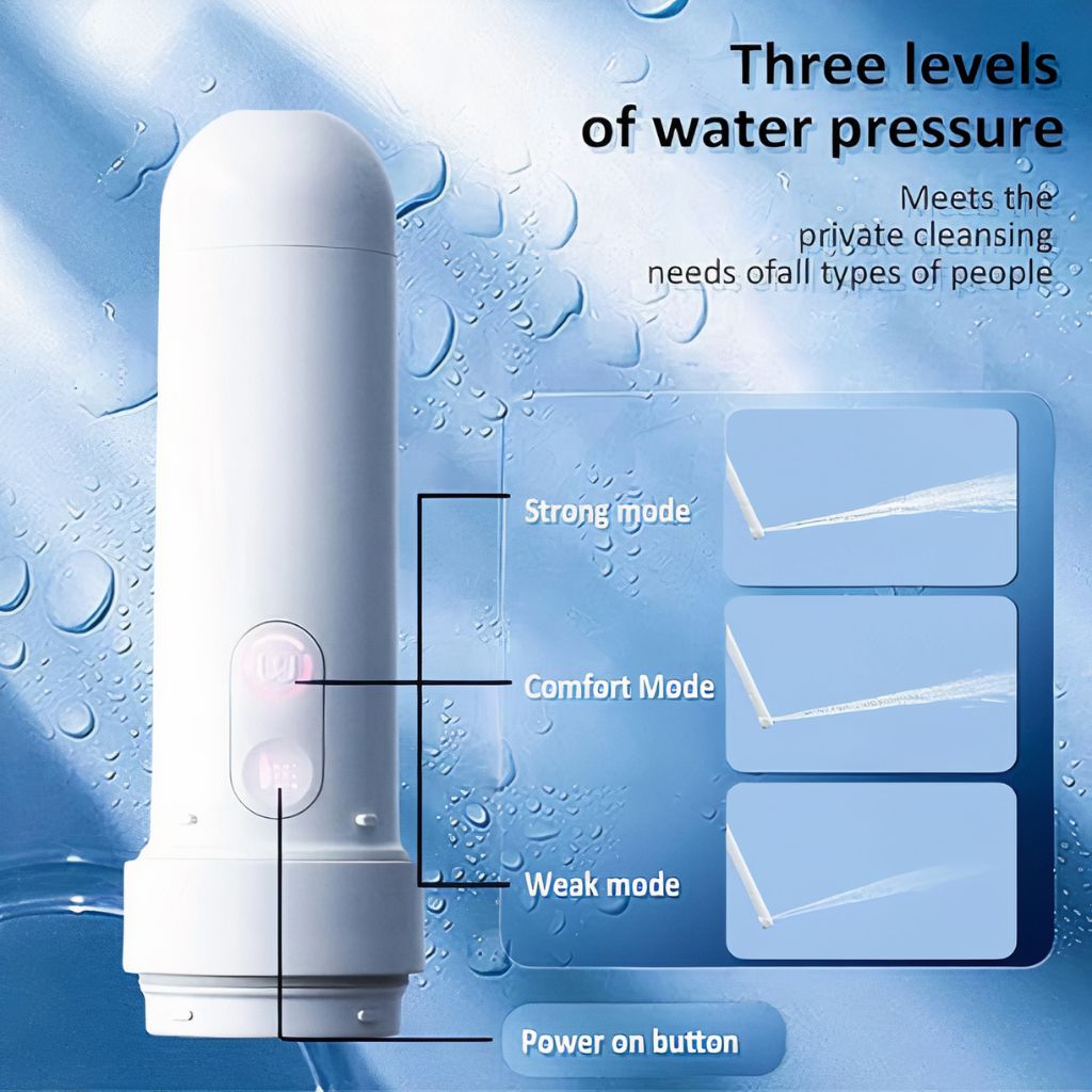 Electric Shataf2Go portable bidet by Islamify with three adjustable water pressure levels — weak, comfort, and strong mode — for hygienic cleansing on the go