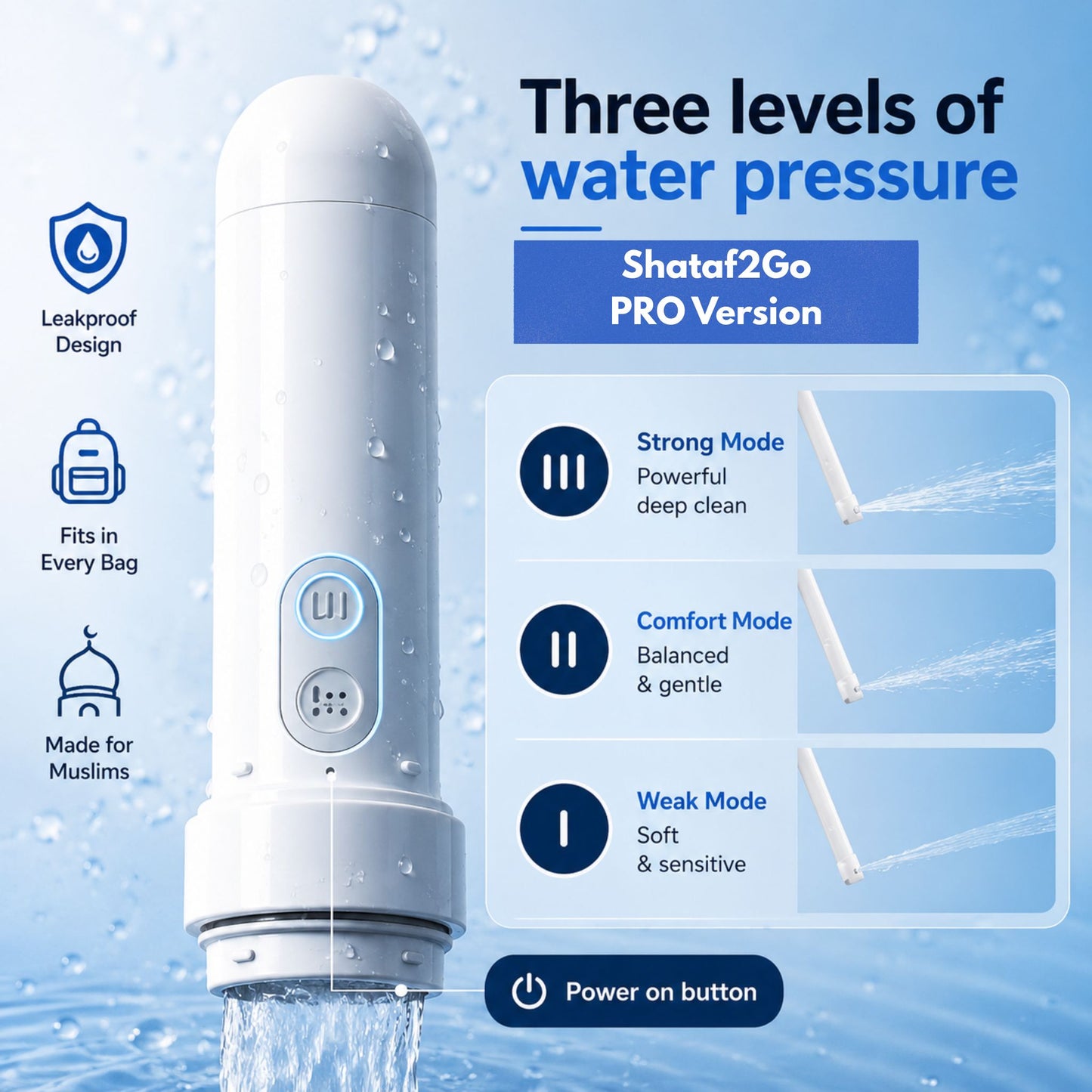 Electric Shataf2Go portable bidet by Islamify with three adjustable water pressure levels — weak, comfort, and strong mode — for hygienic cleansing on the go