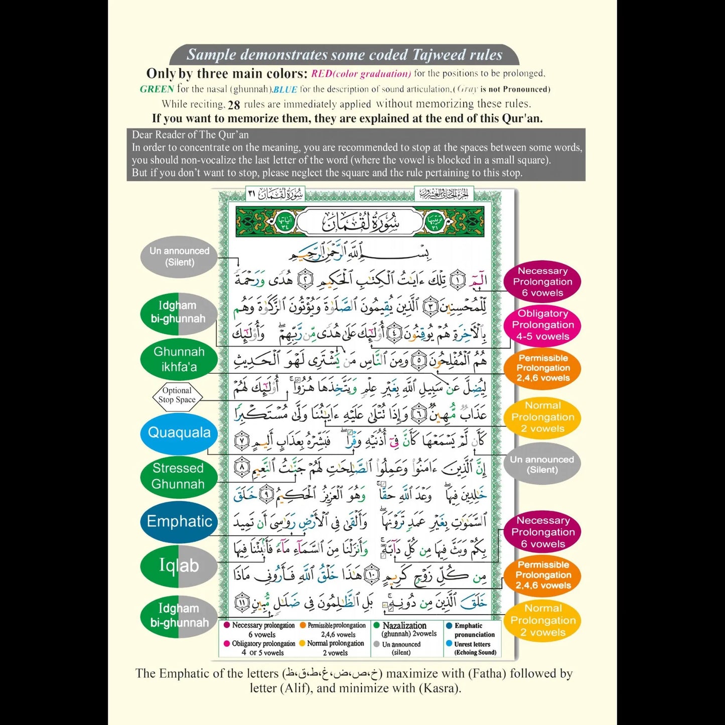 Color-coded Tajweed Qur’an guide showing example page and explanations for Tajweed rules including Idgham, Ghunna, Iqlab, Qalqalah, and vowel prolongation