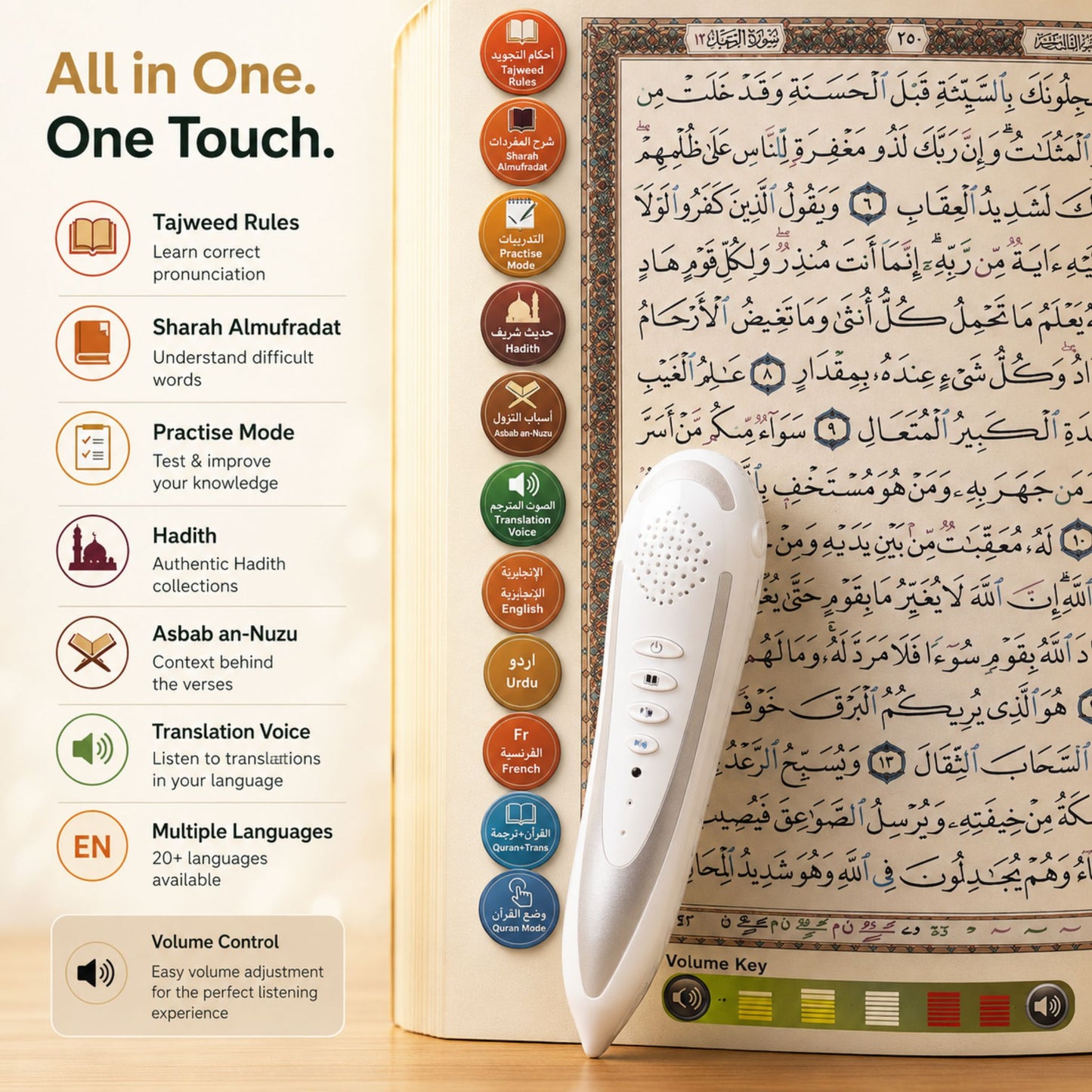 Interactive Quran Reading Pen with Tajweed Quran, multilingual translations, Hadith, Tafsir and pronunciation learning for Muslims