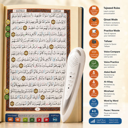 Interactive Quran Reading Pen with Tajweed Quran, multilingual translations, Hadith, Tafsir and pronunciation learning for Muslims