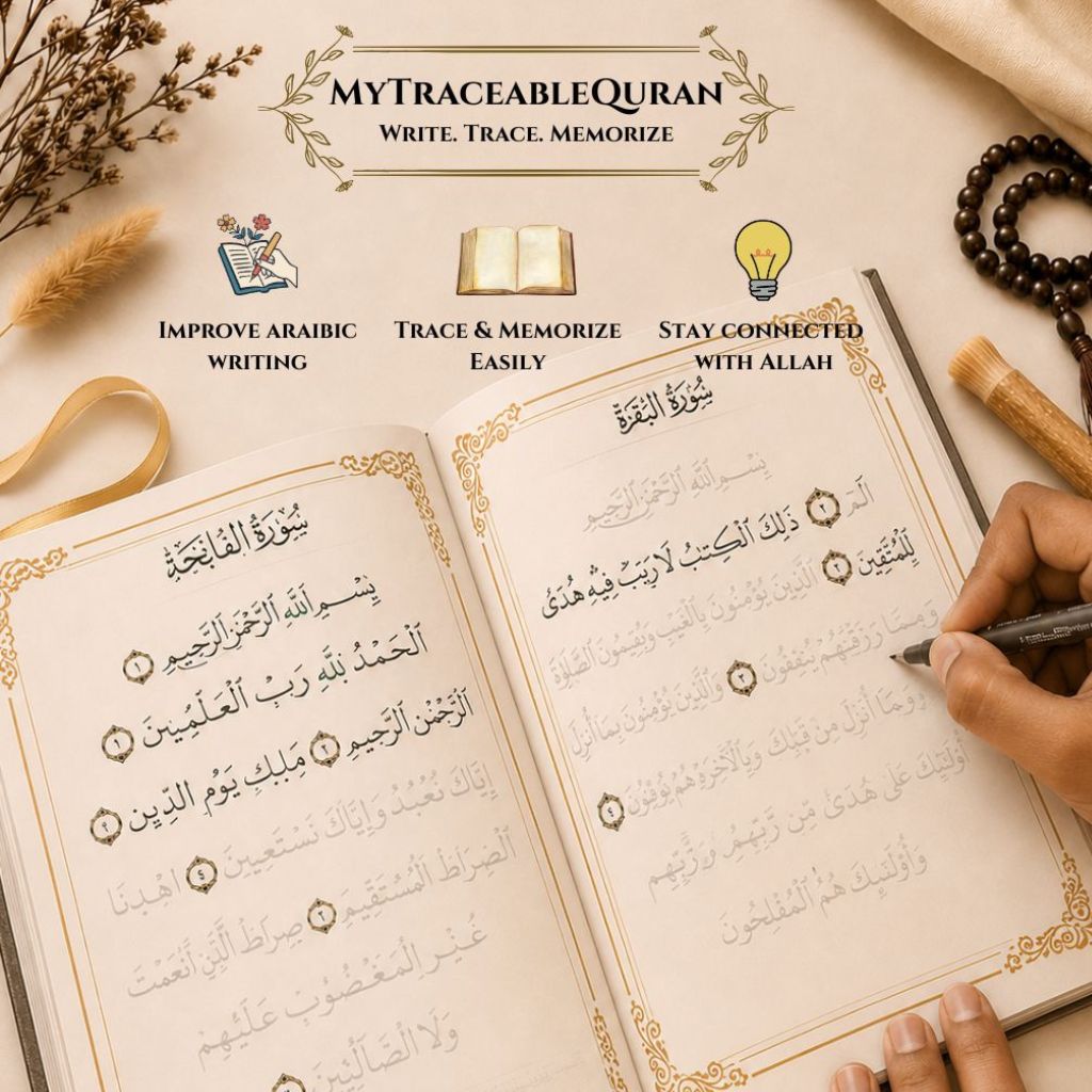MyTraceableQuran workbook for tracing, writing and memorizing the Holy Quran with Arabic handwriting practice pages