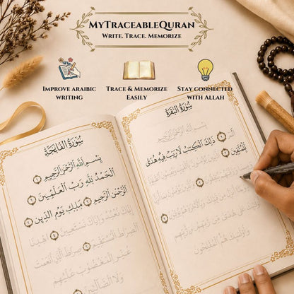 MyTraceableQuran workbook for tracing, writing and memorizing the Holy Quran with Arabic handwriting practice pages