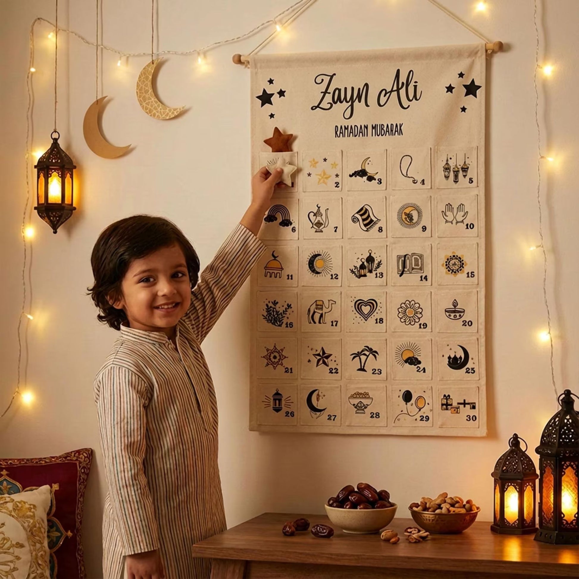 Personalized Ramadan countdown calendar for kids with Islamic symbols, moon lanterns, and daily activities