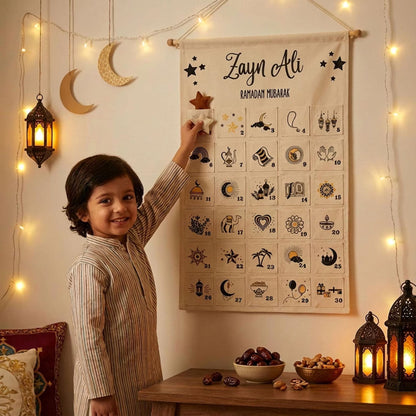 Personalized Ramadan countdown calendar for kids with Islamic symbols, moon lanterns, and daily activities