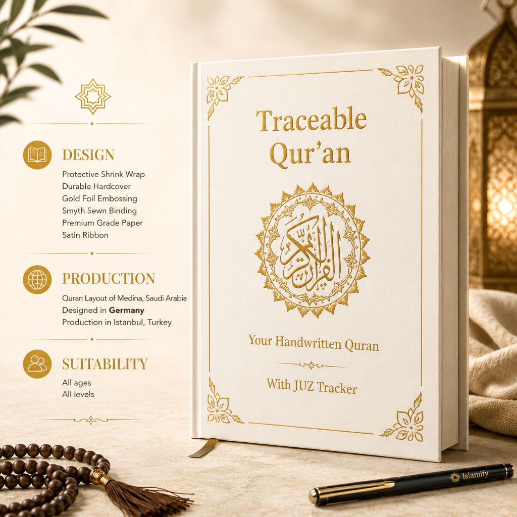 Premium traceable Quran hardcover with gold foil embossing, handwriting practice pages and Juz tracker for Quran learning
