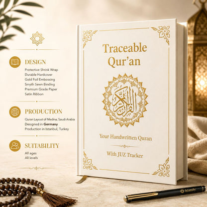 Premium traceable Quran hardcover with gold foil embossing, handwriting practice pages and Juz tracker for Quran learning