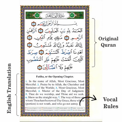 Quran with English translation and color-coded vocal pronunciation rules for accurate Arabic Quran reading