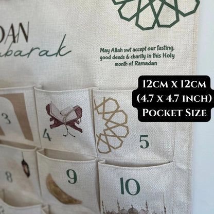 Close-up of Ramadan countdown calendar pockets showing 12x12cm pocket size for daily Ramadan surprises