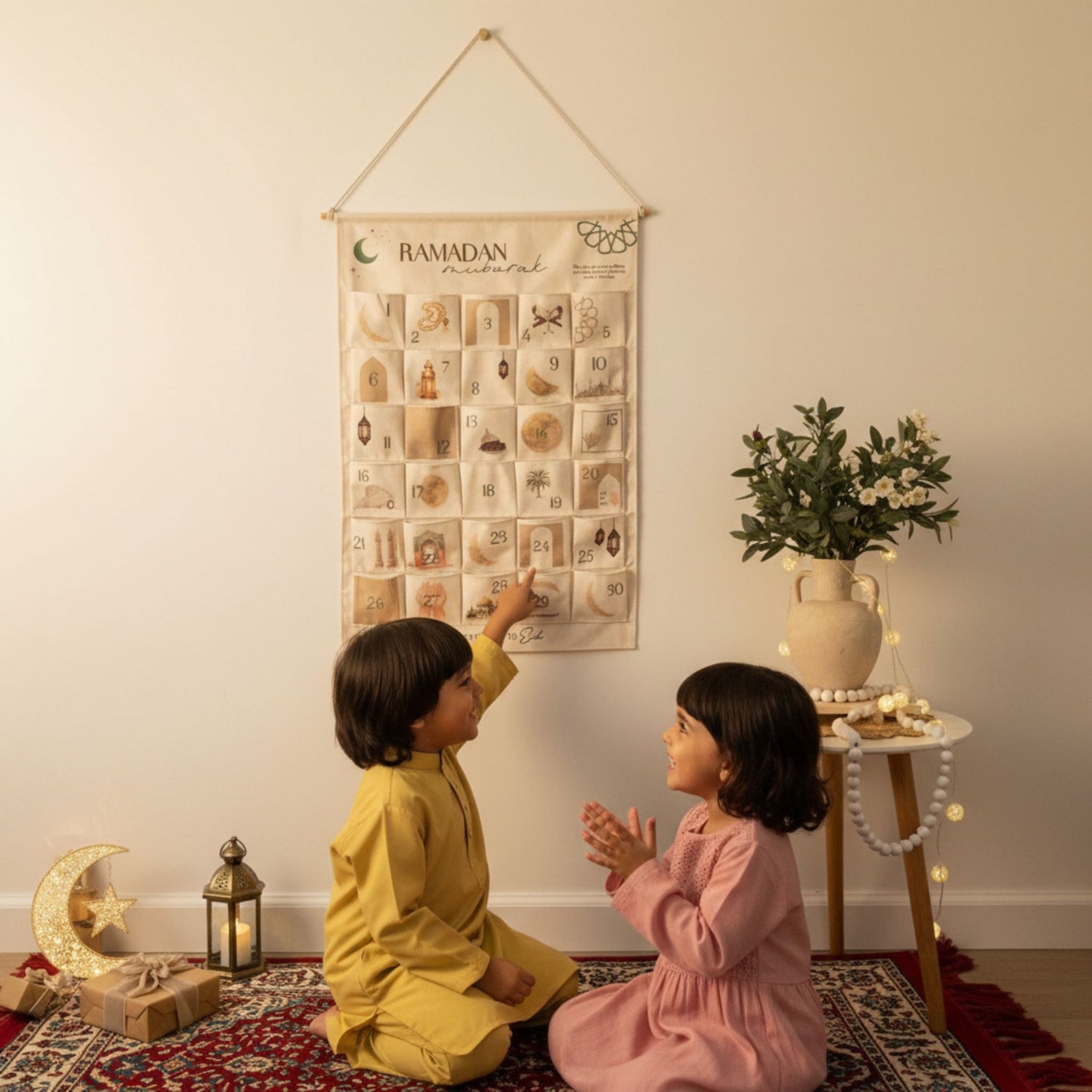 Two Muslim children celebrating Ramadan using a hanging Ramadan countdown calendar with Islamic decor and lanterns