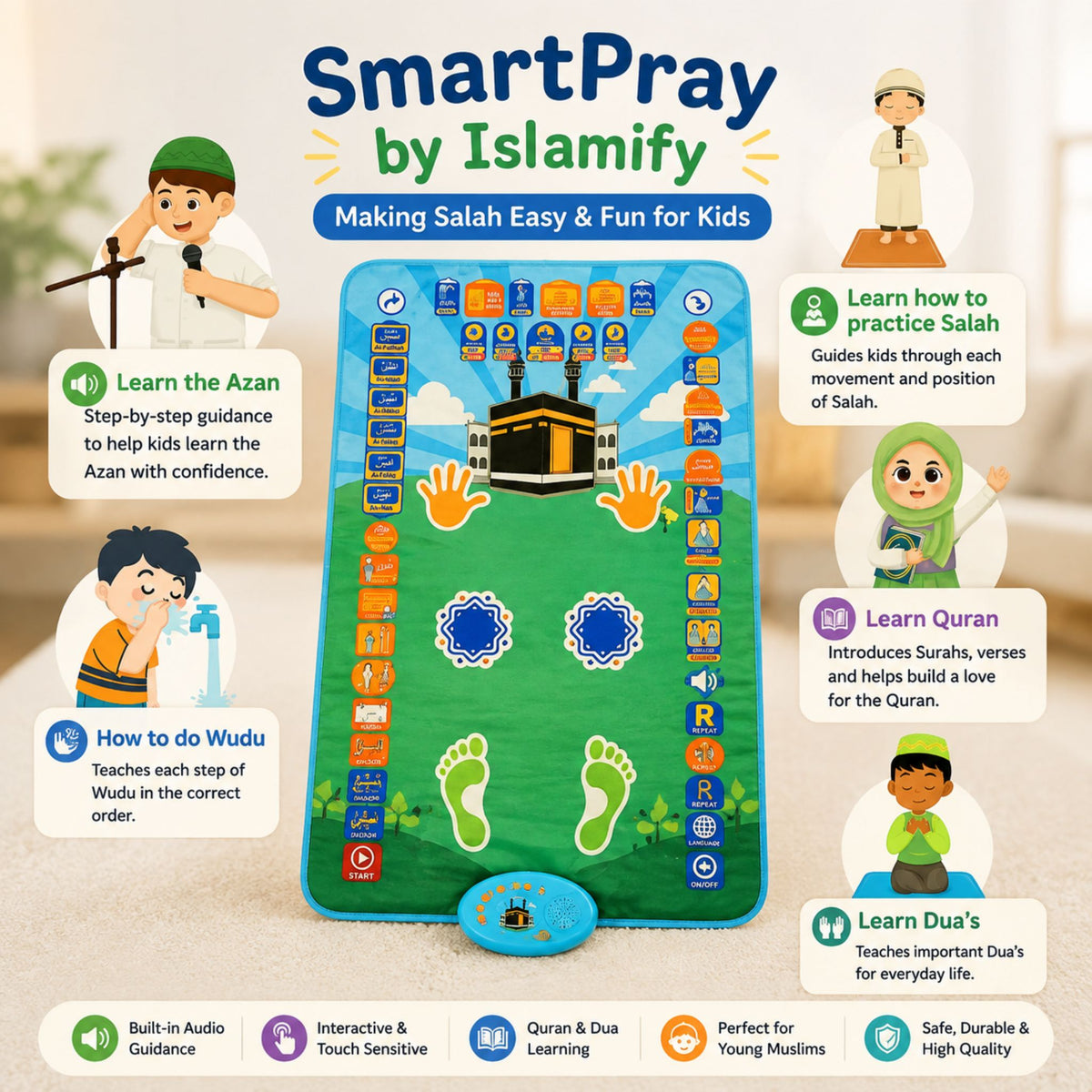 SmartPray educational prayer mat features teaching kids salah, wudu, duas, azan and Quran