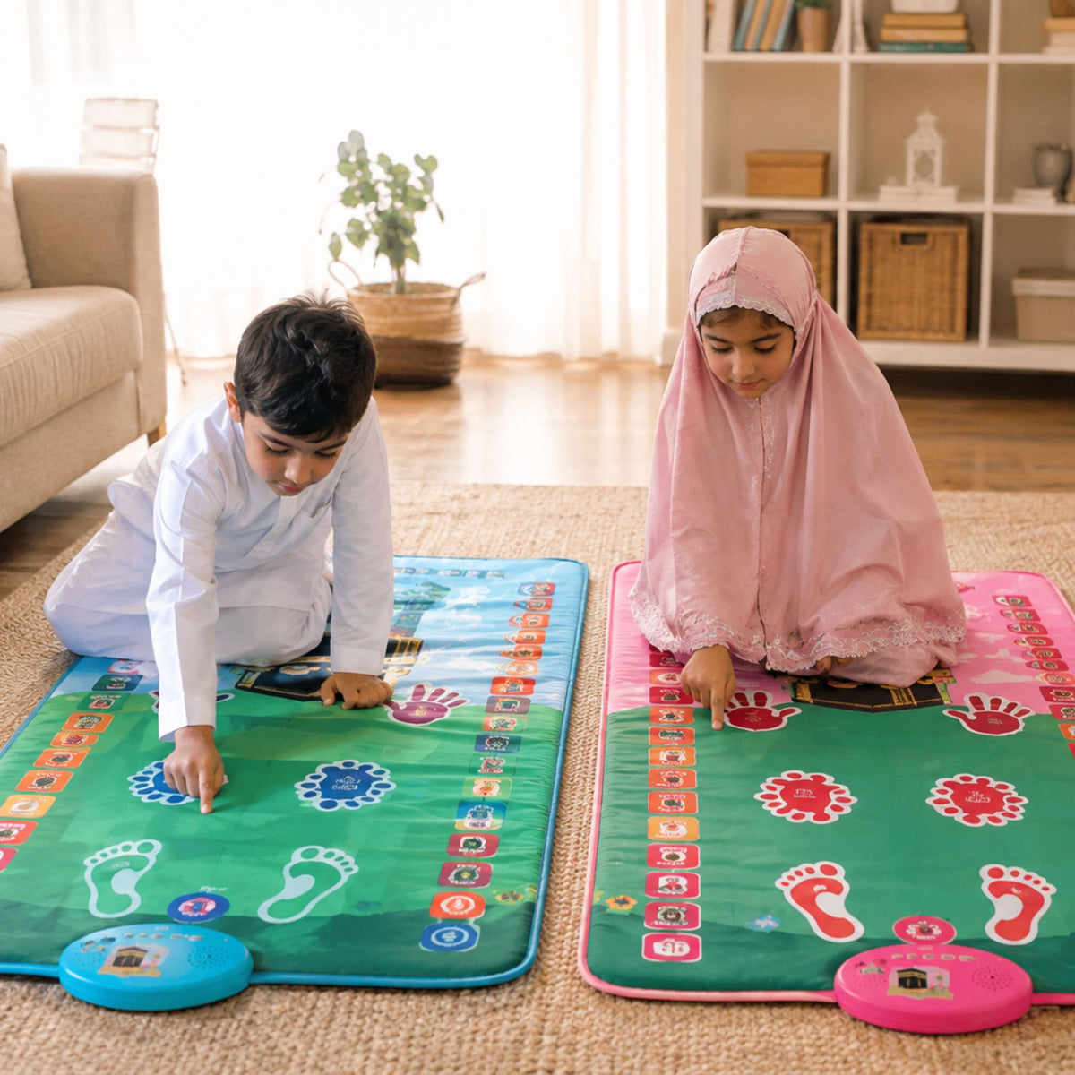 Children learning salah using SmartPray interactive educational prayer mat at home