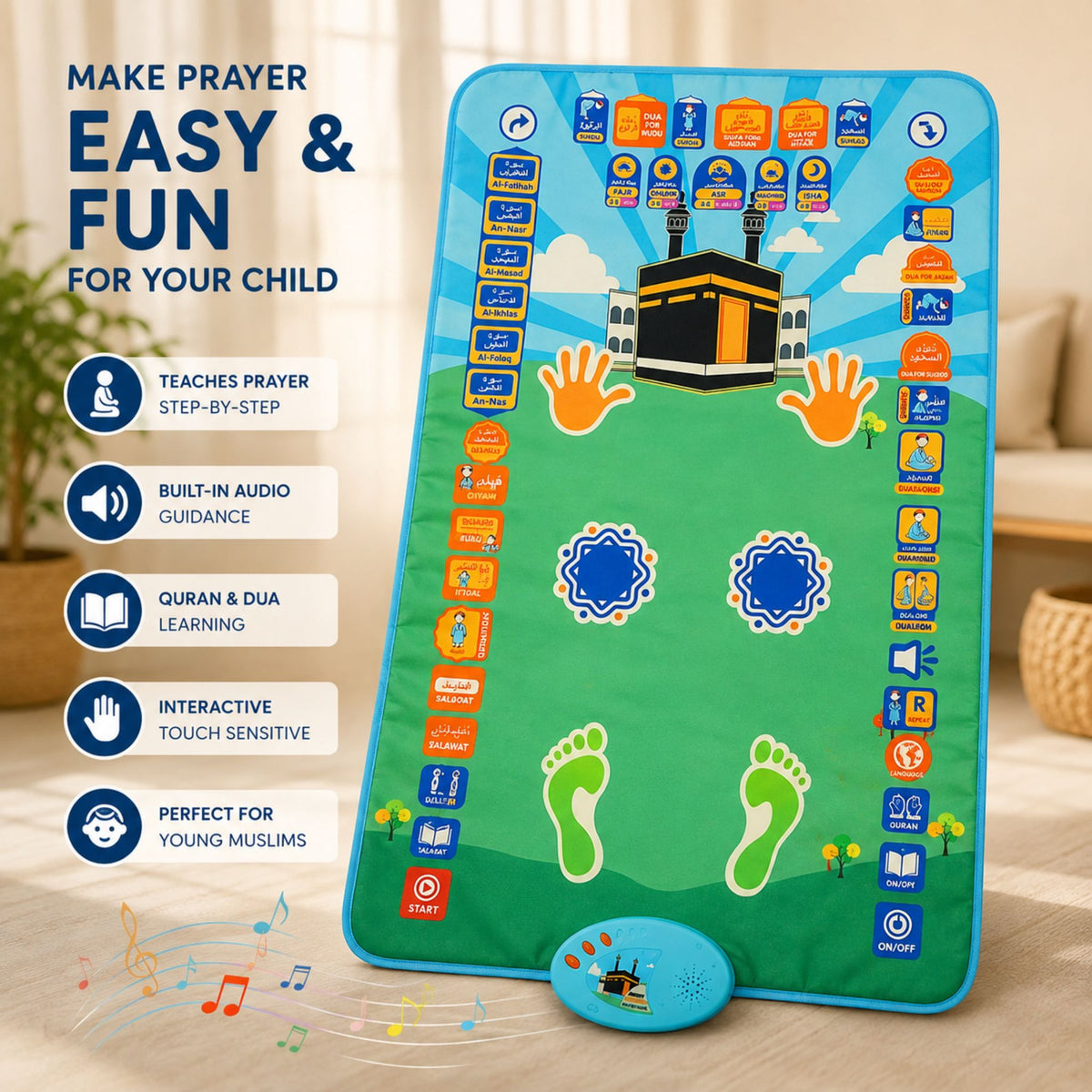 SmartPray interactive prayer mat for kids with Kaaba design teaching salah, wudu, duas and Quran step by step
