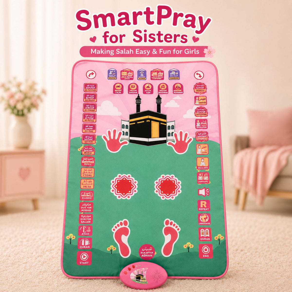 SmartPray interactive kids prayer mat with Pink design teaching salah, wudu, duas and Quran