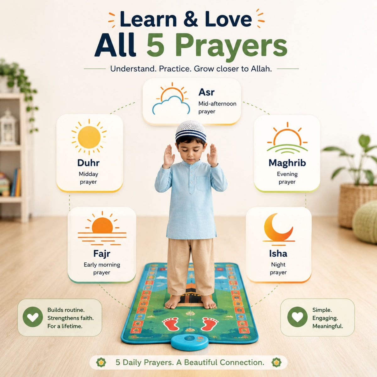 SmartPray educational prayer mat teaching kids all 5 daily prayers Fajr Dhuhr Asr Maghrib and Isha