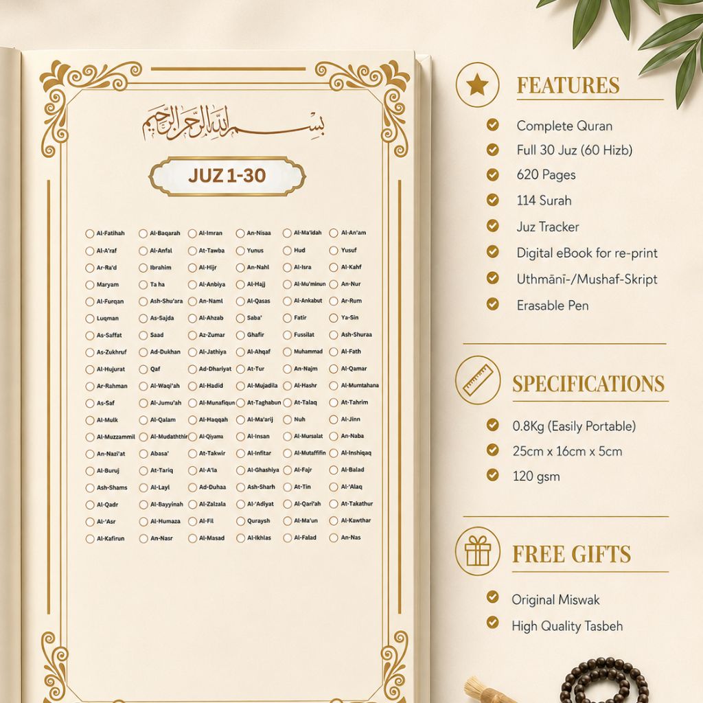 Premium traceable Quran workbook with handwritten practice and Juz tracker