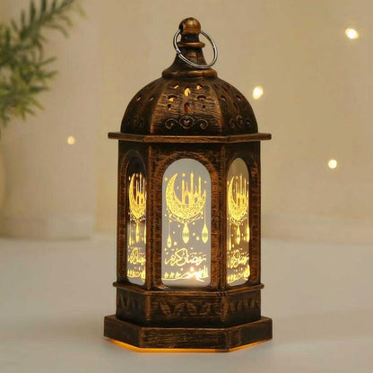 Bronze Ramadan Fanouz lantern with crescent moon design and warm golden light by Islamify