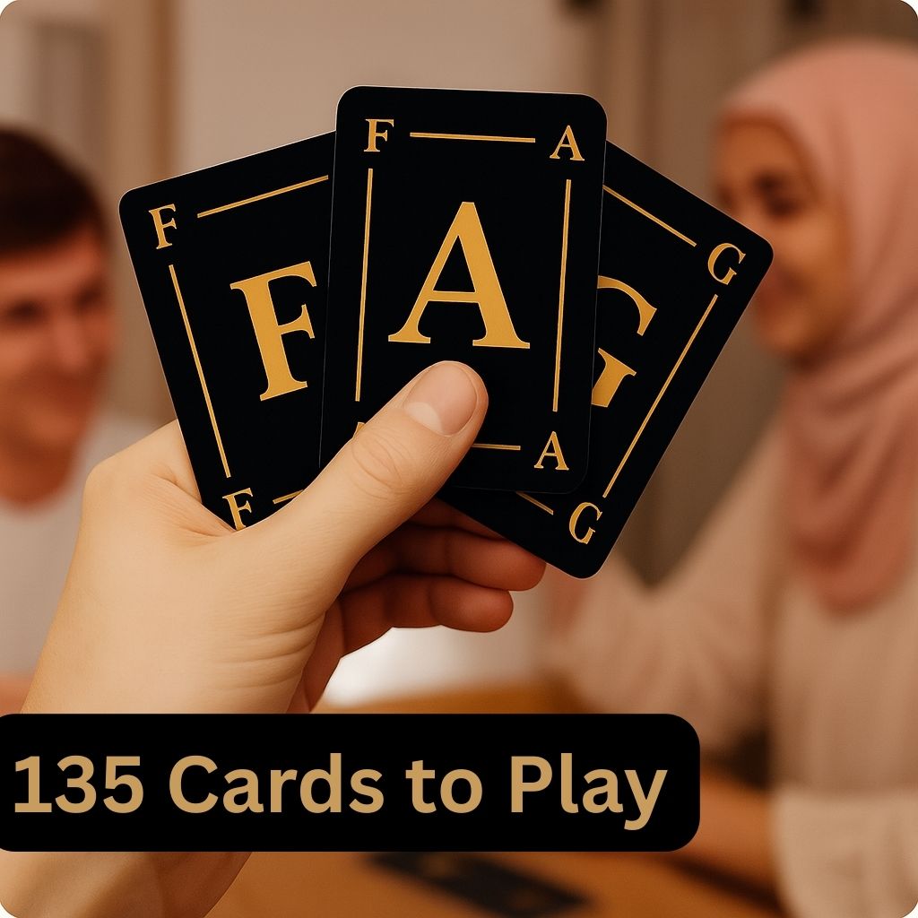 DeenDash Islamic party game hand holding letter cards showing 135 total cards to play – fun Islamic family and friends game by Islamify