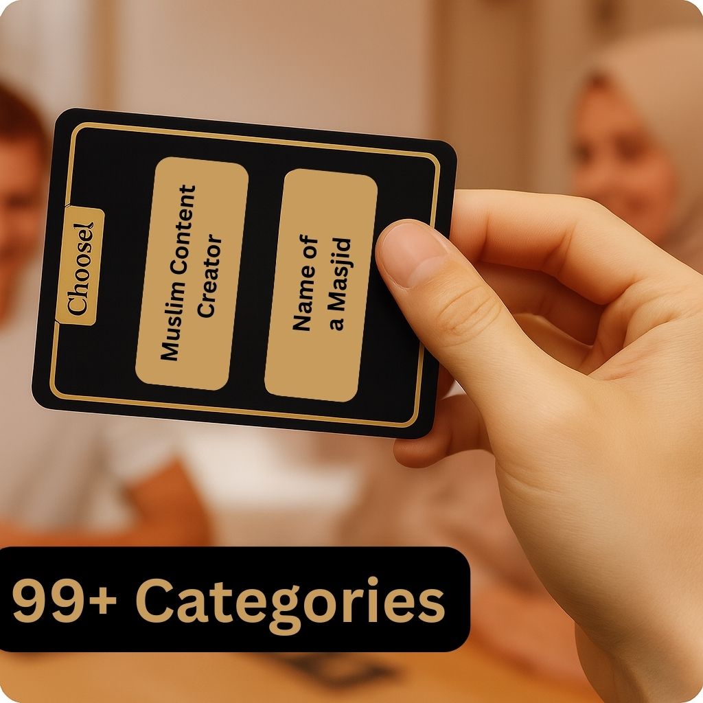 DeenDash Islamic party game card showing example categories like Muslim content creator and name of a masjid – 99 plus category cards by Islamify