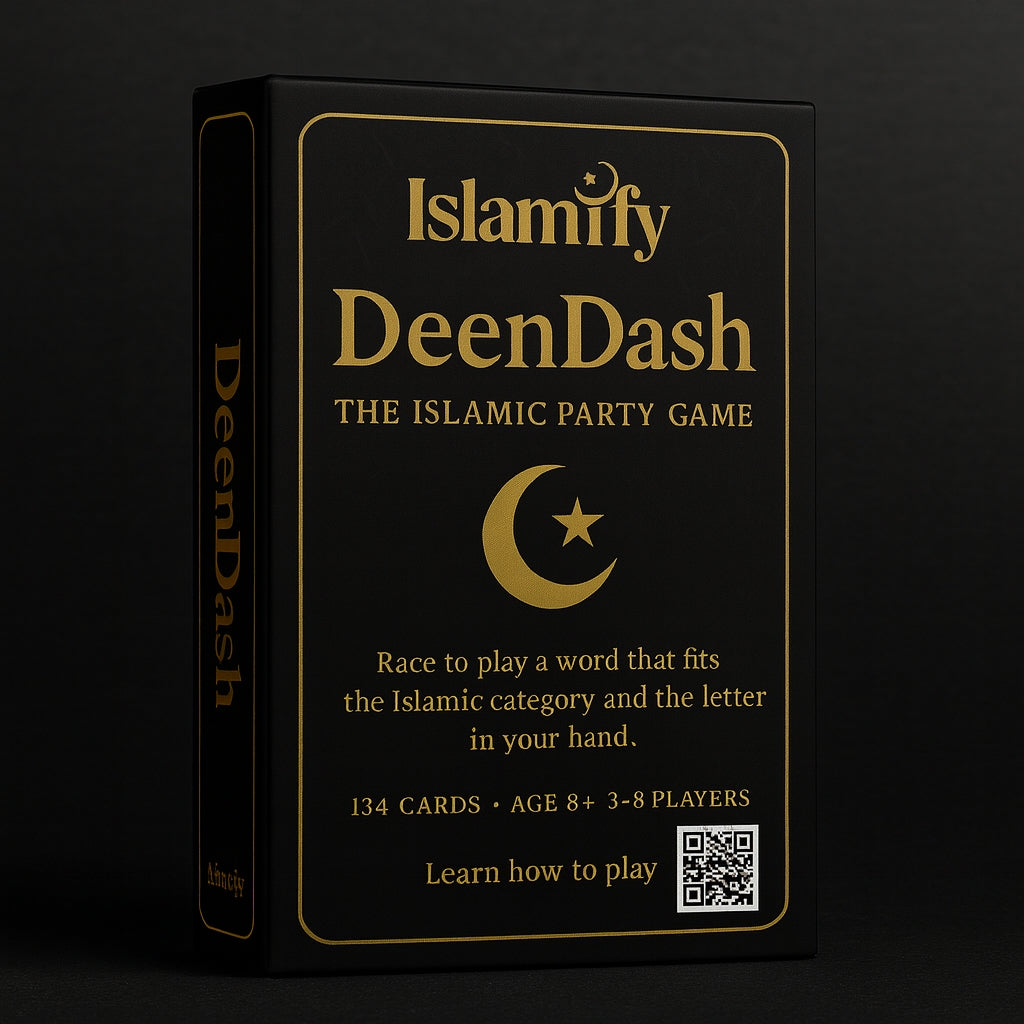 DeenDash Islamic Party Game by Islamify – elegant black and gold box design with 134 cards for family and friends game nights