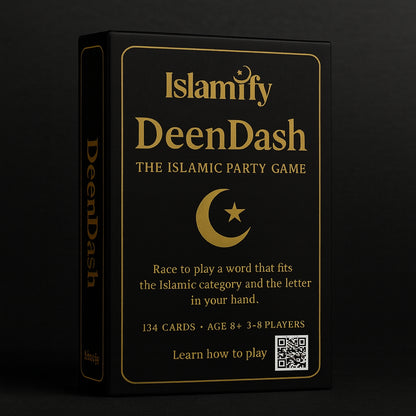 DeenDash Islamic Party Game by Islamify – elegant black and gold box design with 134 cards for family and friends game nights