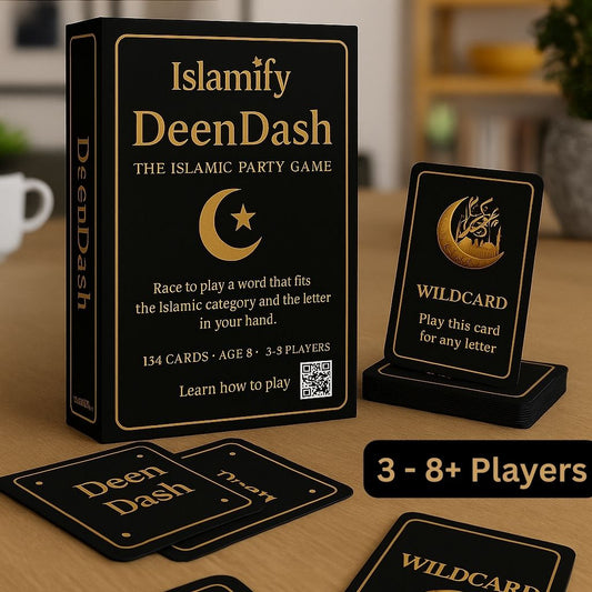 DeenDash Islamic party game by Islamify featuring 134 cards, category-based word challenges, and fun gameplay for 3 to 8 players