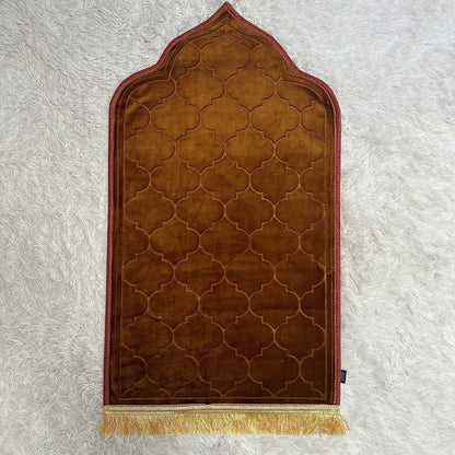 Chocolate brown Islamify foam padded prayer mat with gold tassel and geometric velvet pattern