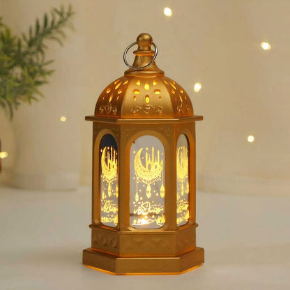 Golden Ramadan Fanouz lantern with glowing crescent moon and Arabic calligraphy by Islamify