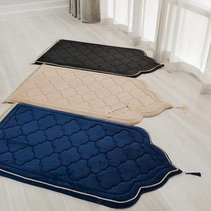 Luxury foam padded prayer mats in black, beige, and navy blue by Islamify