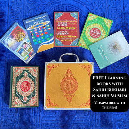 Complete MyQuranPen interactive Quran learning set with Tajweed Quran, pen reader, Islamic books, and golden carrying case on blue background