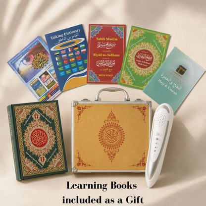 Complete MyQuranPen interactive Quran learning set with Tajweed Quran, pen reader, Islamic books, and golden carrying case on blue background