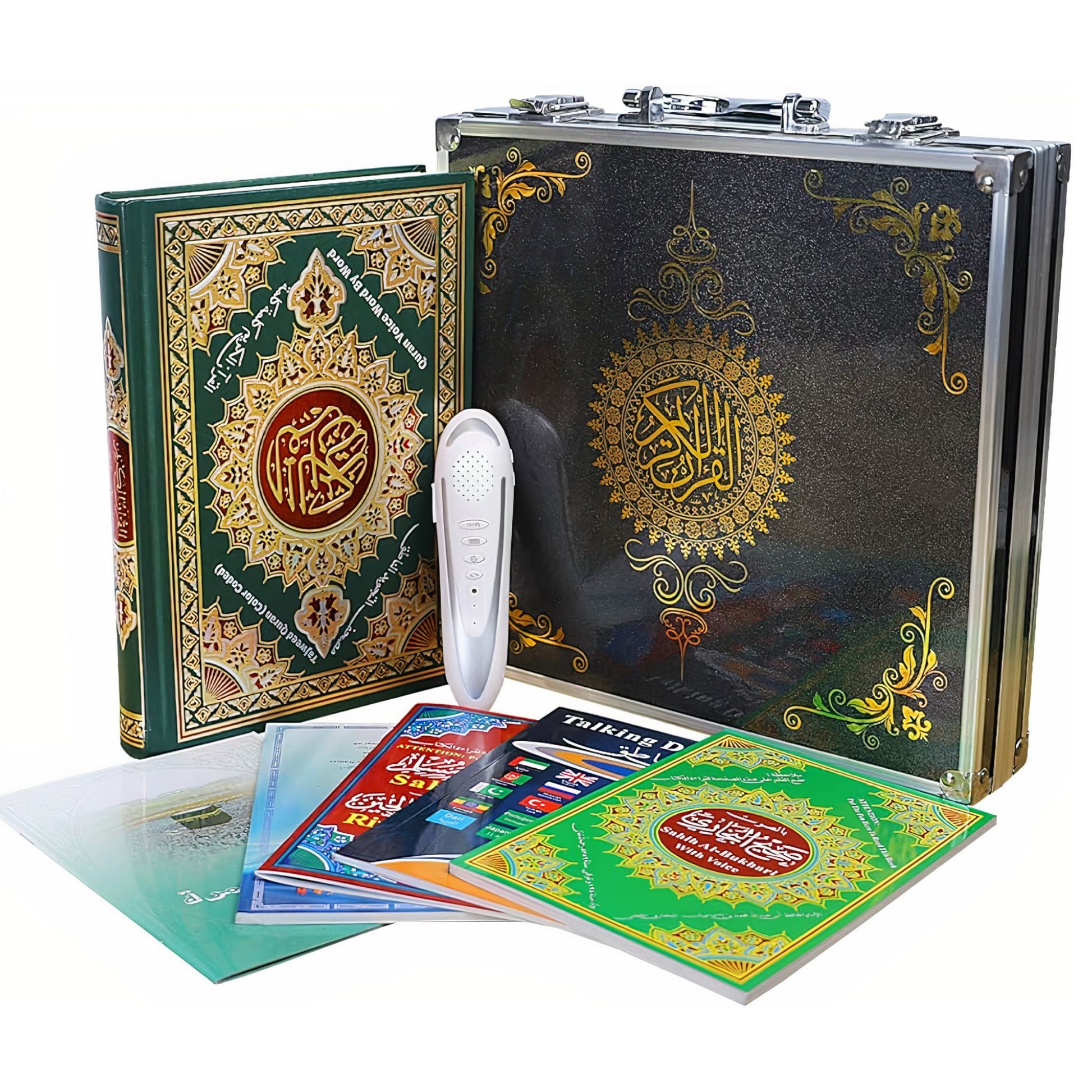 MyQuranPen digital Tajweed Quran learning set with smart pen reader, color-coded Quran, Islamic books, and luxury carrying case