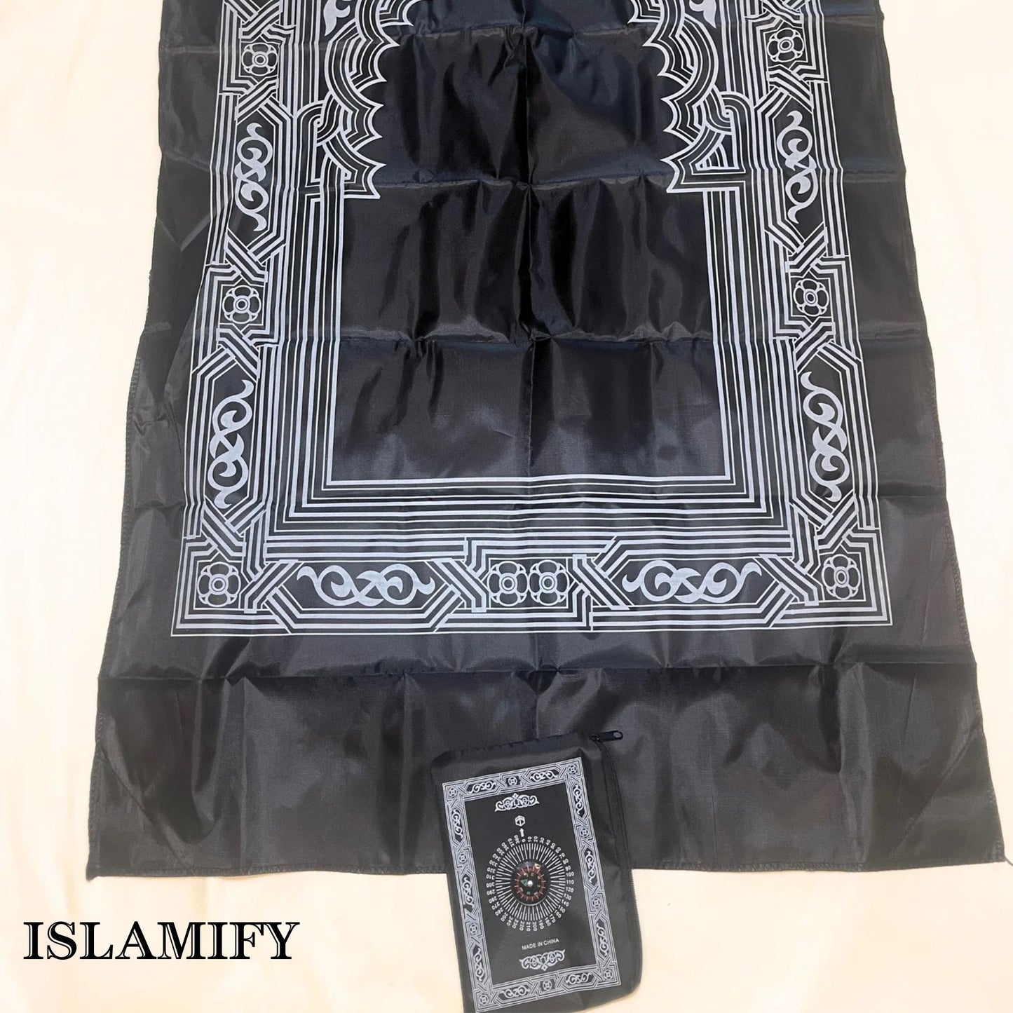 Full view of PocketPray portable prayer mat with compass pouch by Islamify – lightweight and foldable Muslim travel prayer mat