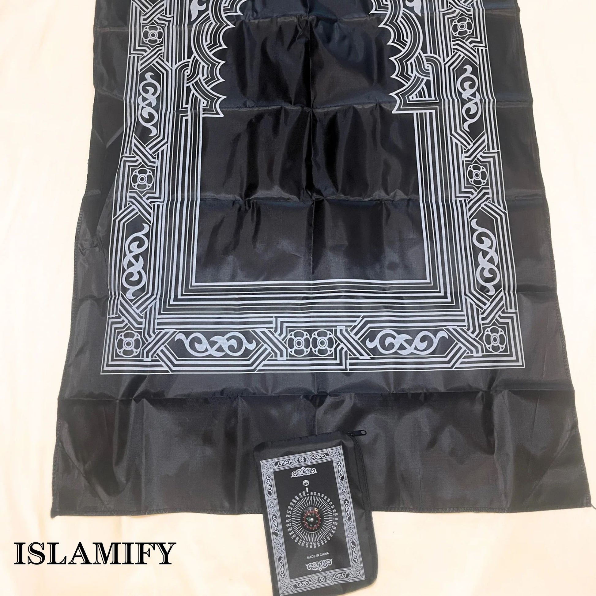 Full view of PocketPray portable prayer mat with compass pouch by Islamify – lightweight and foldable Muslim travel prayer mat