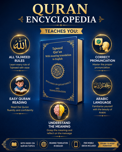 Quran Encyclopedia image showing Tajweed Qur’an with English translation and icons teaching Tajweed rules, correct pronunciation, Arabic language, and Quran understanding