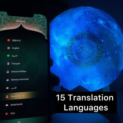 Blue Quran speaker moon lamp next to smartphone app showing 15 available translation languages including English, Arabic, French, German, and Turkish