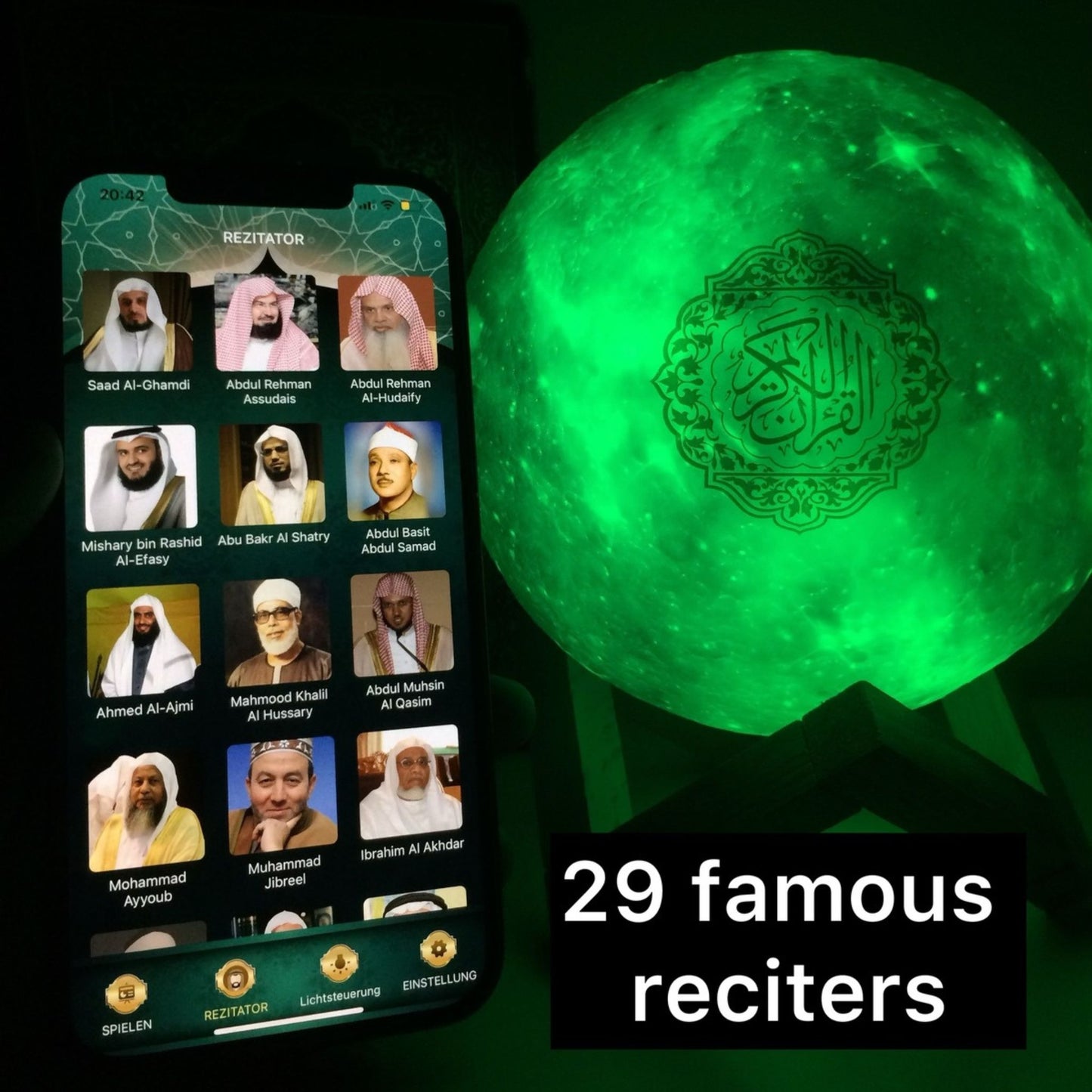 LED Quran speaker moon lamp with smartphone app control showing 29 famous Quran reciters – Bluetooth Islamic lamp for Quran listening and home decor