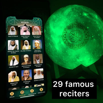 LED Quran speaker moon lamp with smartphone app control showing 29 famous Quran reciters – Bluetooth Islamic lamp for Quran listening and home decor