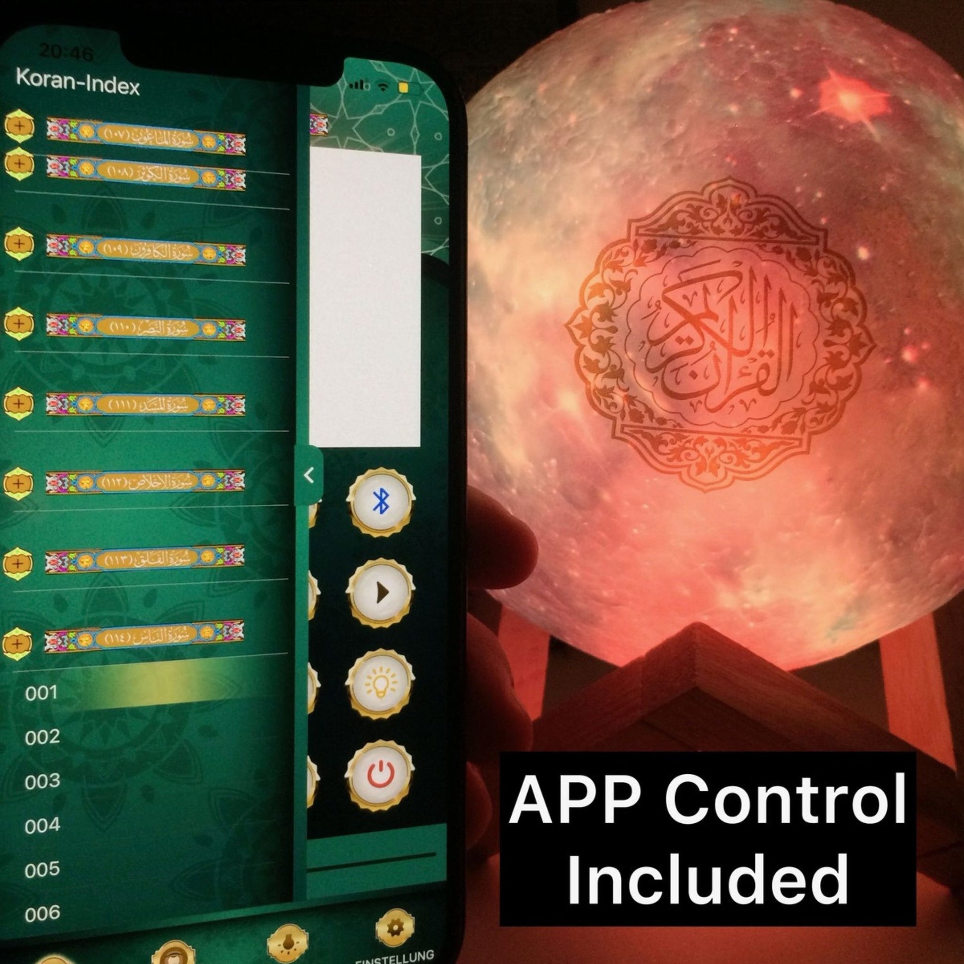 Quran speaker moon lamp with smartphone app control showing Quran index and Bluetooth connection – smart Islamic lamp with Quran recitations