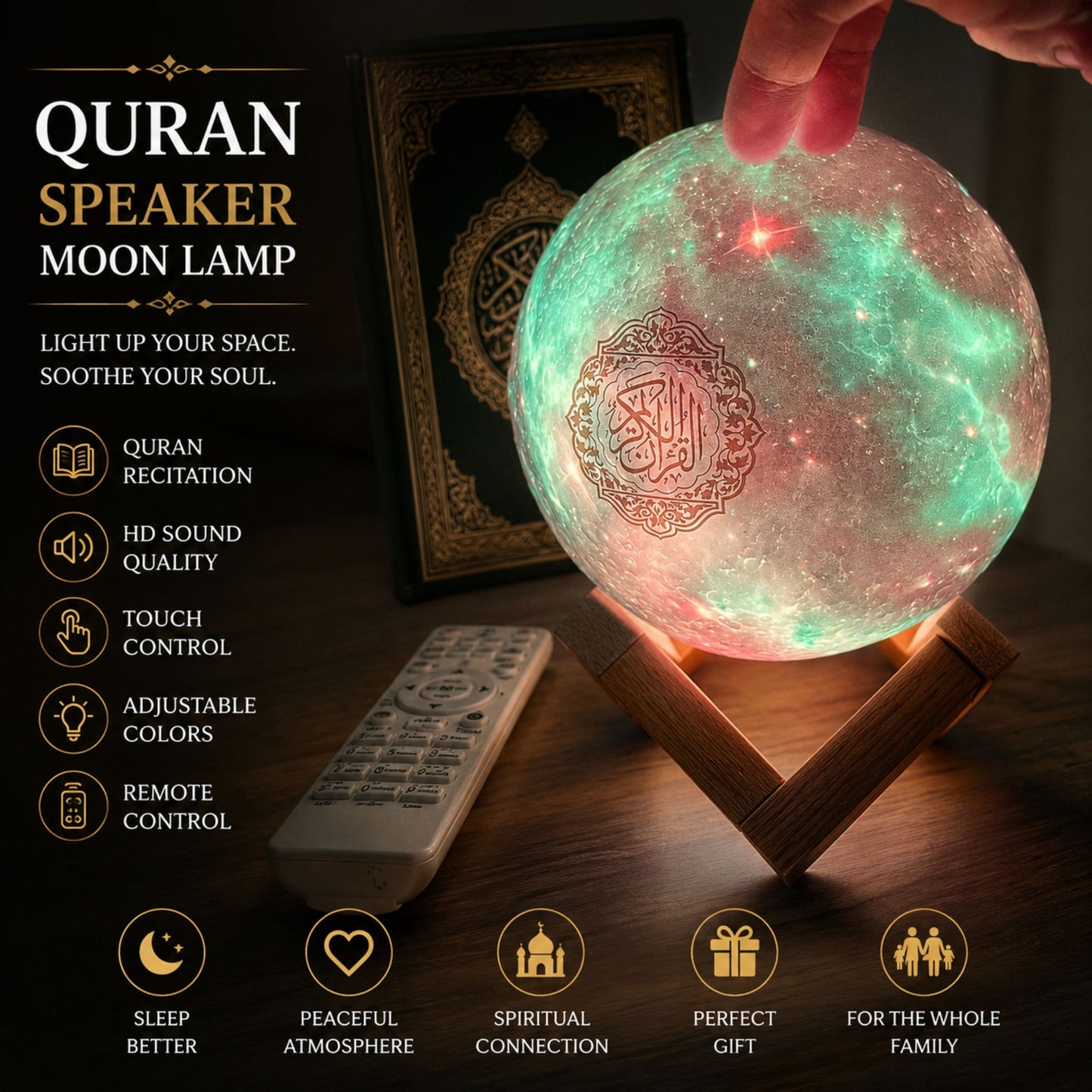 Quran speaker moon lamp with remote control on a wooden stand, featuring text about its features.