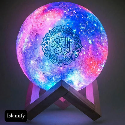 Multicolor Quran speaker moon lamp with wooden stand and remote control – Islamic Bluetooth lamp for home decor and gifts
