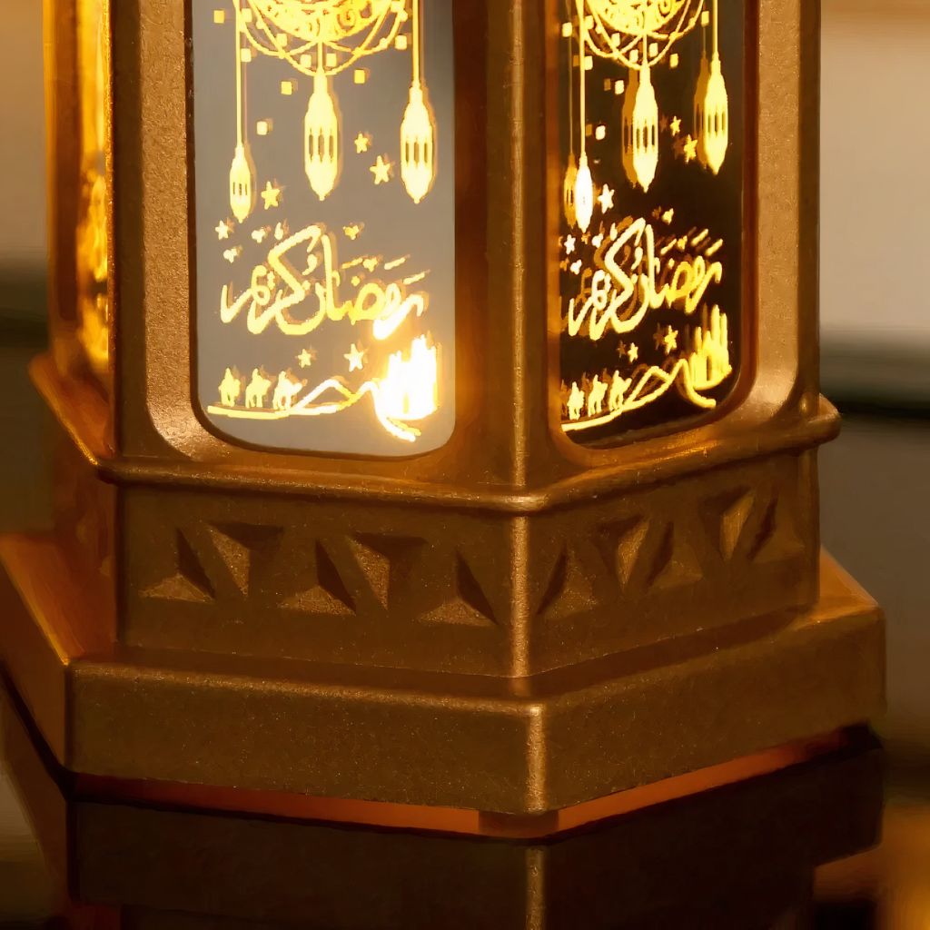 Detailed close-up of golden Ramadan Fanouz lantern glowing with Arabic calligraphy and geometric patterns by Islamify