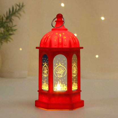 Red Ramadan Fanouz lantern glowing warmly with Arabic calligraphy and crescent moon design by Islamify