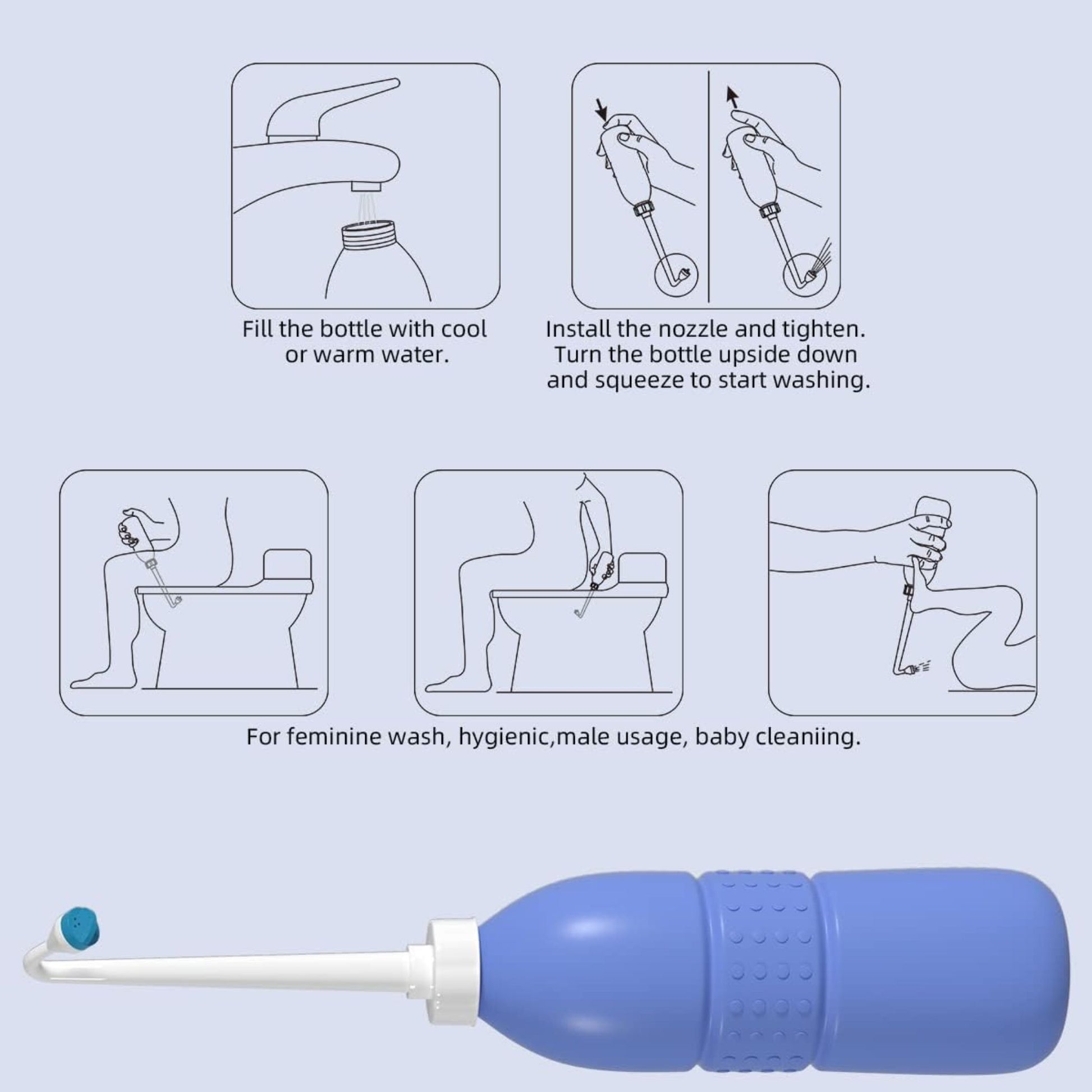Step-by-step instructions showing how to use the Shataf2Go portable travel bidet — fill with water, attach nozzle, and squeeze to wash — by Islamify