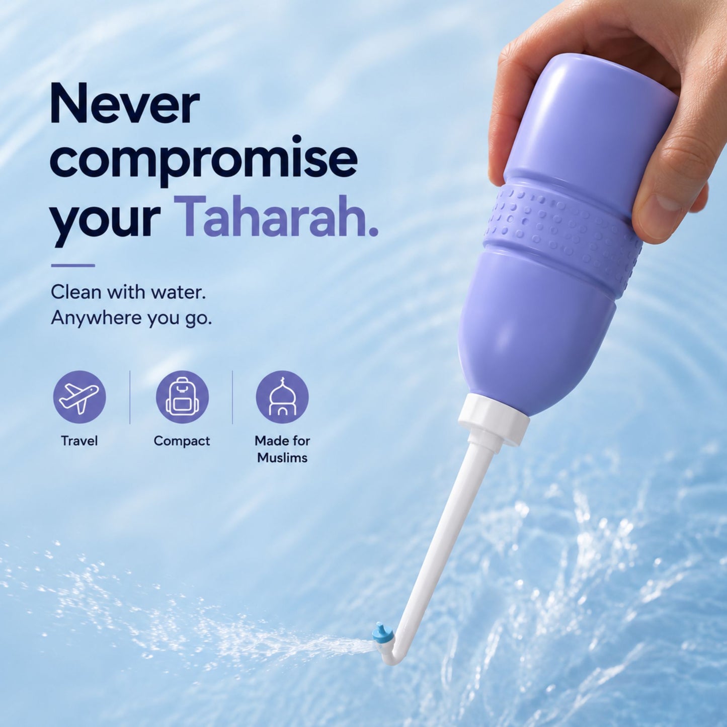 Shataf2Go portable travel bidet spraying water – designed for Muslim travelers by Islamify for hygiene on the go