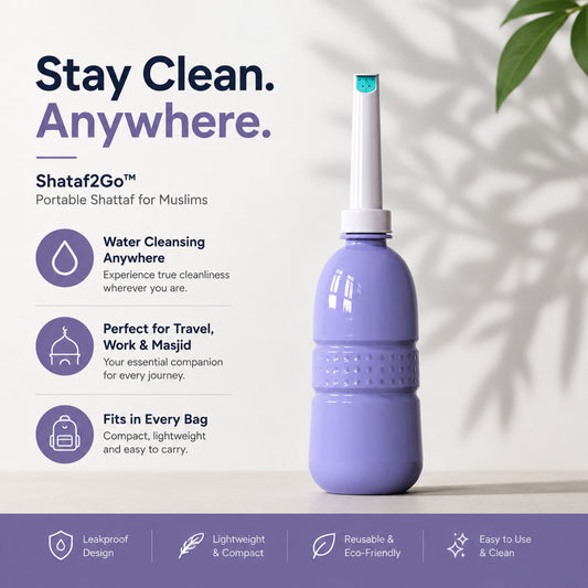 Shataf2Go portable toilet shower in purple by Islamify – compact travel bidet for personal hygiene and on-the-go cleansing