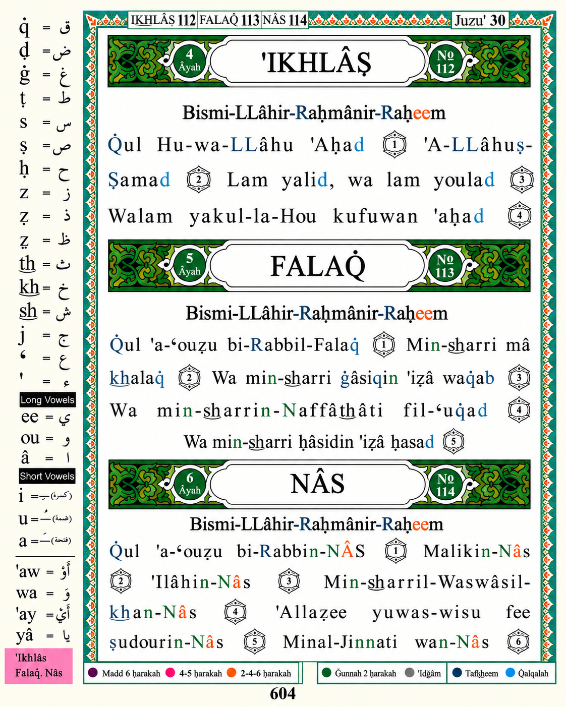 Surah Ikhlas, Falaq, Nas page from Tajweed Qur’an showing color-coded Tajweed rules with English transliteration and translation notes