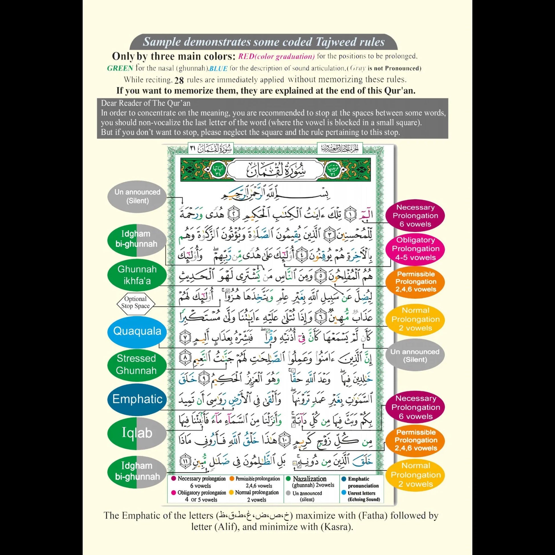 Color-coded Tajweed Qur’an guide showing example page and explanations for Tajweed rules including Idgham, Ghunna, Iqlab, Qalqalah, and vowel prolongation